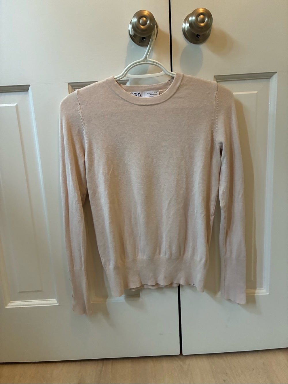 Zara Light Cream Slim Crewneck Sweater